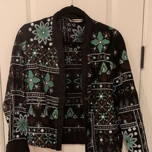 Zara Black Jacket with Intricate Green and White Design